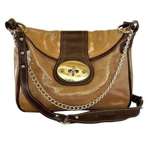 Vin Baker Turnlock Tan Brown Patent Leather Chain Strap Satchel Shoulder Bag